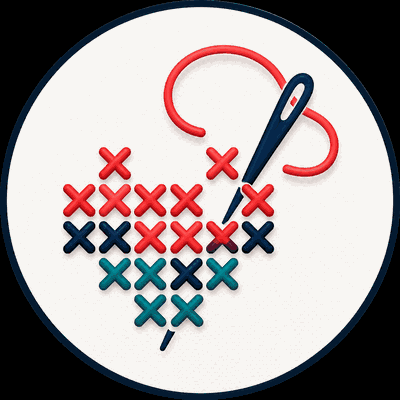 The original artwork: a needle stitching a heart of red, navy and teal crosses